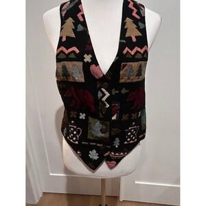 Nadia Vintage Tapestry Vest Womens Medium Black Bear Tree Lodge Cabin Core 90s